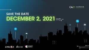 A cityscape with iconography of humans and machines connected. Text overlay that says 'save the date, december 2, 2021'