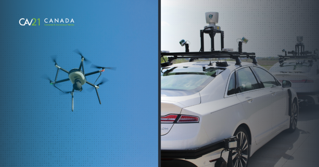 Image of a drone in the air along with another image to the right with a drone installed on a car